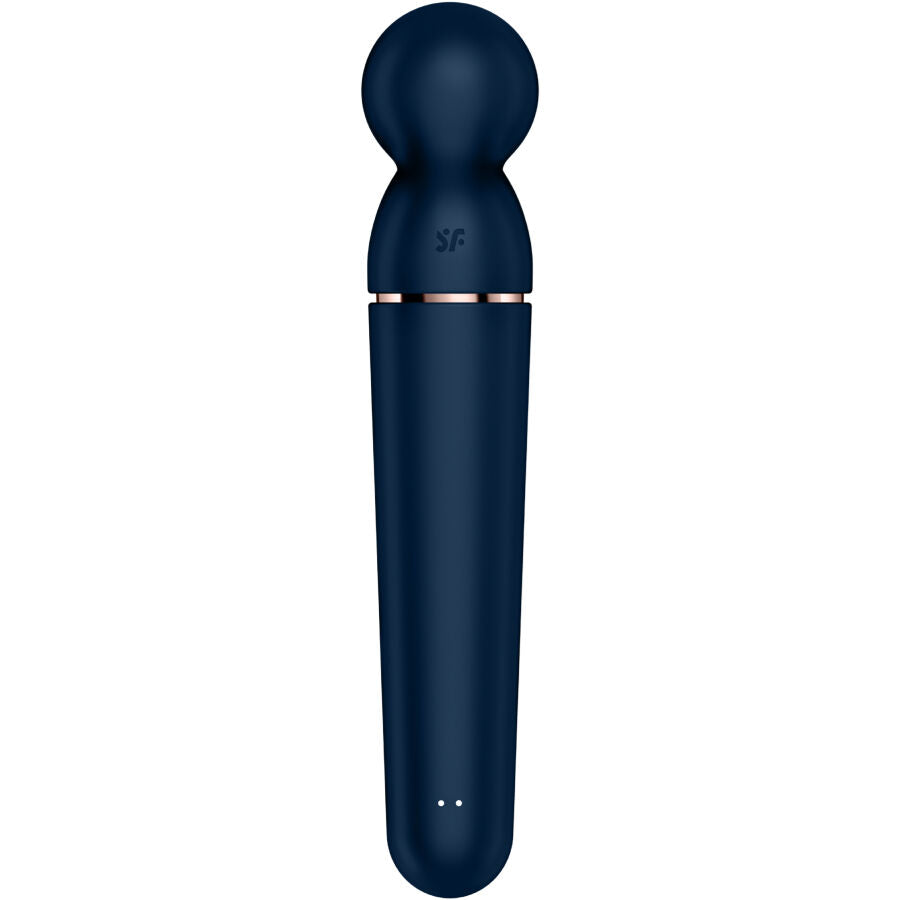 Profil du wand Satisfyer bleu nuit, tete spherique souple sur manche elance en silicone, logo SF, baguette vibrante polyvalente full body.