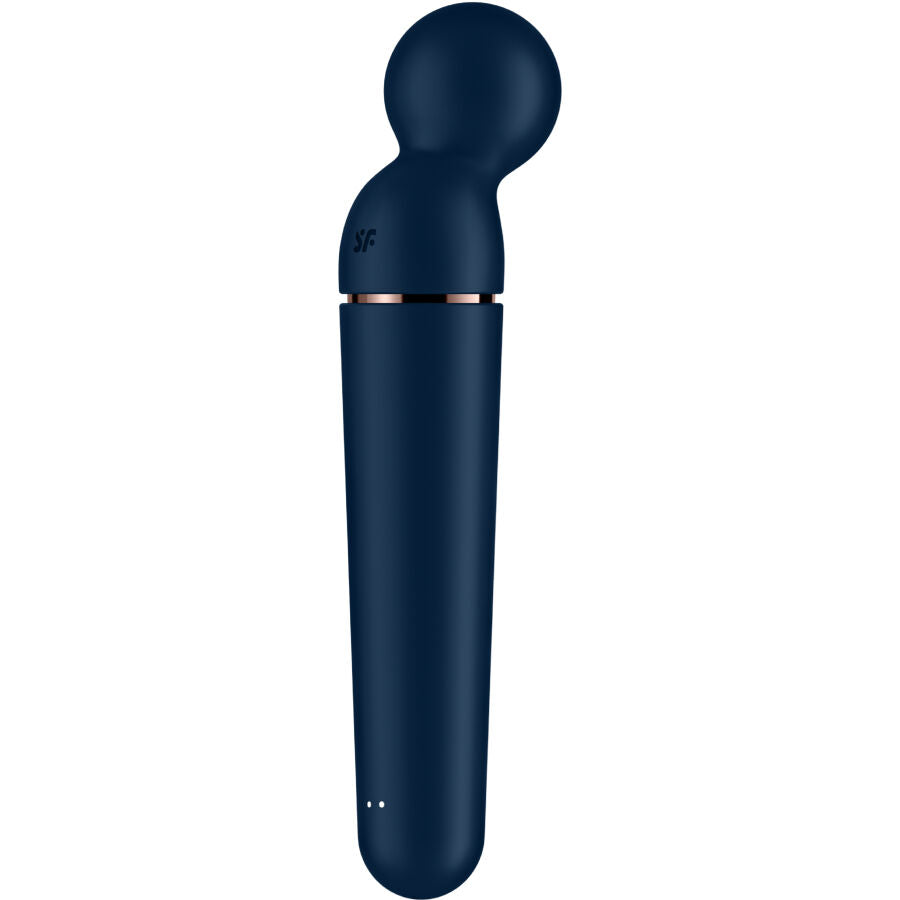 Wand Satisfyer bleu nuit en vue inclinee, tete ronde flexible et manche en silicone, vibromasseur baguette pour massage clitoridien et corporel.