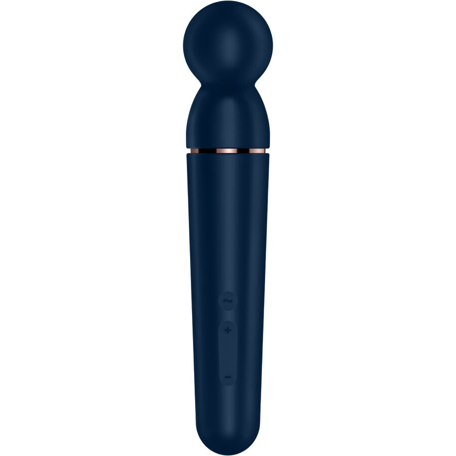 Vue de face du wand Satisfyer bleu nuit, tete ronde massante et long manche en silicone doux avec boutons lateraux, baguette vibrante rechargeable.