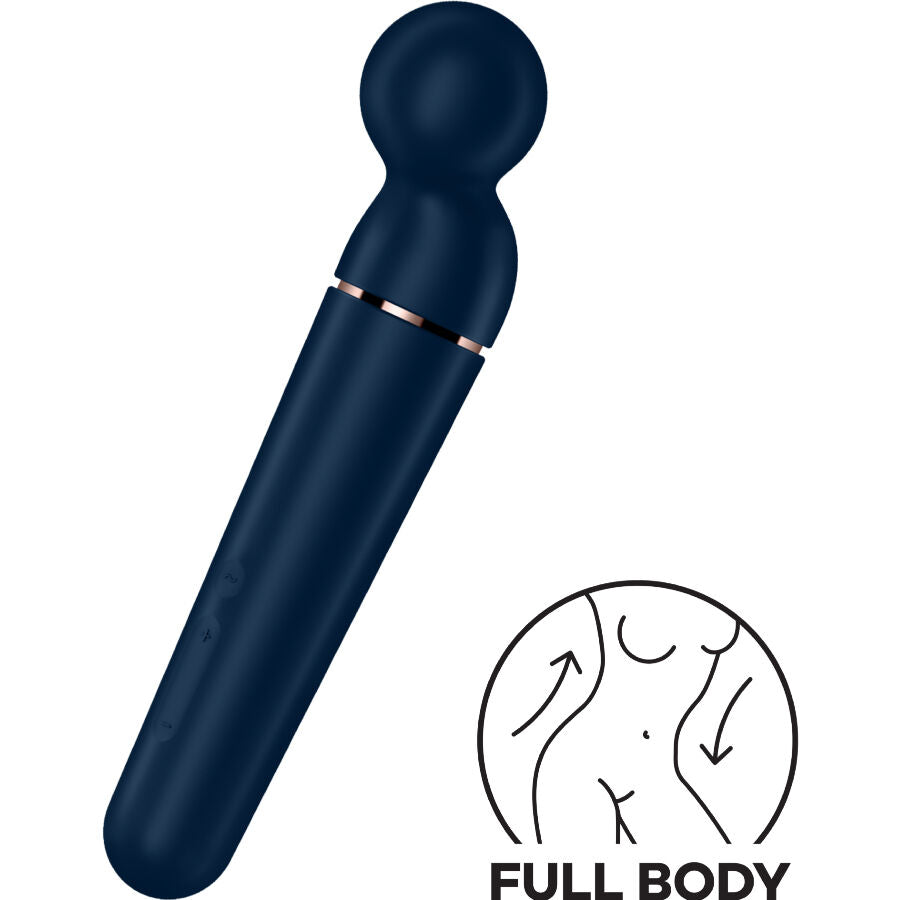 Baguette wand Satisfyer bleu nuit posee en diagonale avec pictogramme full body silhouette, tete ronde massante en silicone, vibrateur corps entier.