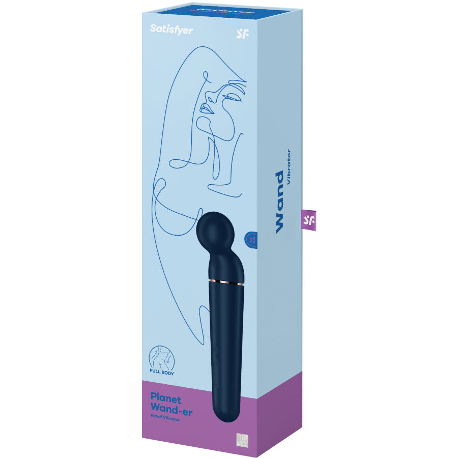 Boite Satisfyer Planet Wand-er bleue, baguette vibrante a tete ronde, visuel produit et mention full body sur l'emballage carton, vibrateur corps entier.