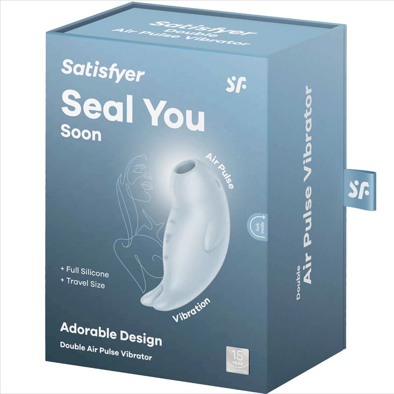 Boite Satisfyer Seal You Soon, stimulateur air pulse double en forme de phoque, visuel produit et mentions full silicone travel size sur l'emballage.