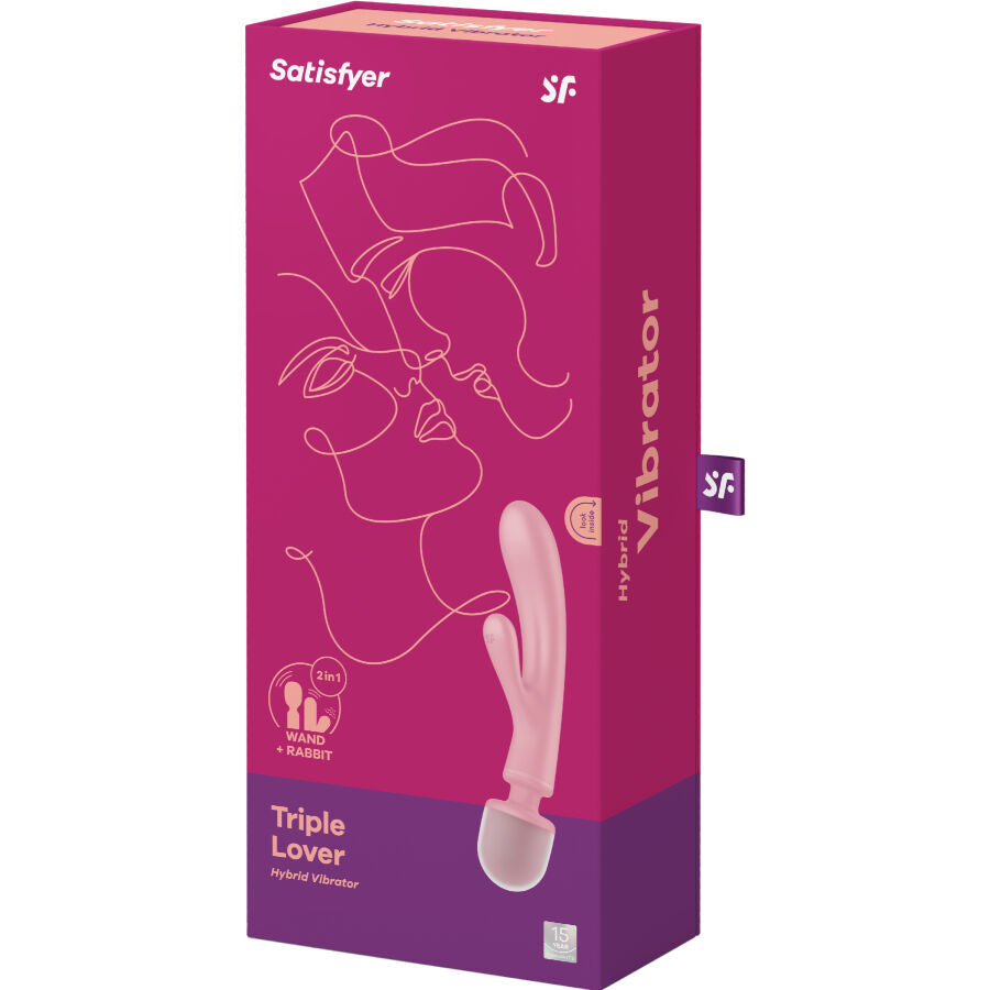 Boite Satisfyer Triple Lover magenta, vibrateur hybride wand et rabbit en silicone, visuel produit et mentions vibrateur sur l'emballage carton.
