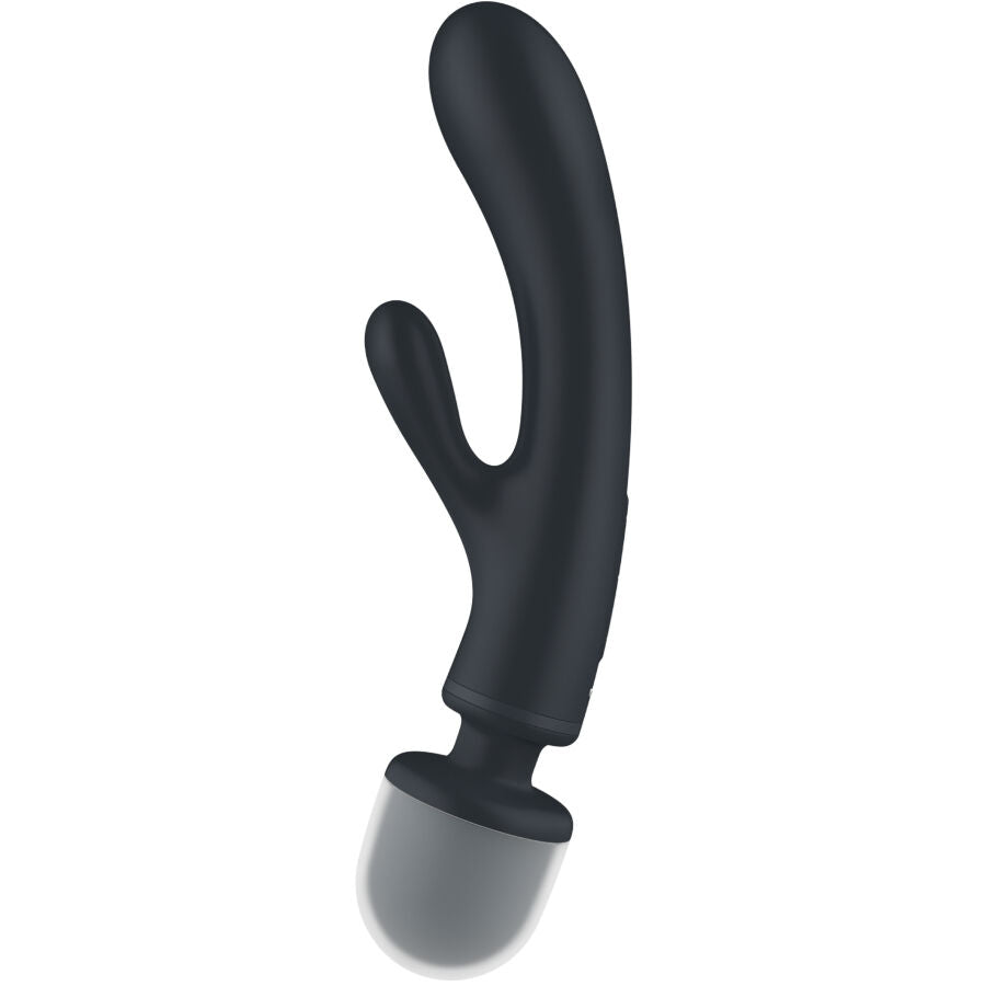 Satisfyer Triple Lover noir en vue trois-quarts, tige et oreille rabbit avec tete wand massante en silicone, double stimulation clitoris et interne.