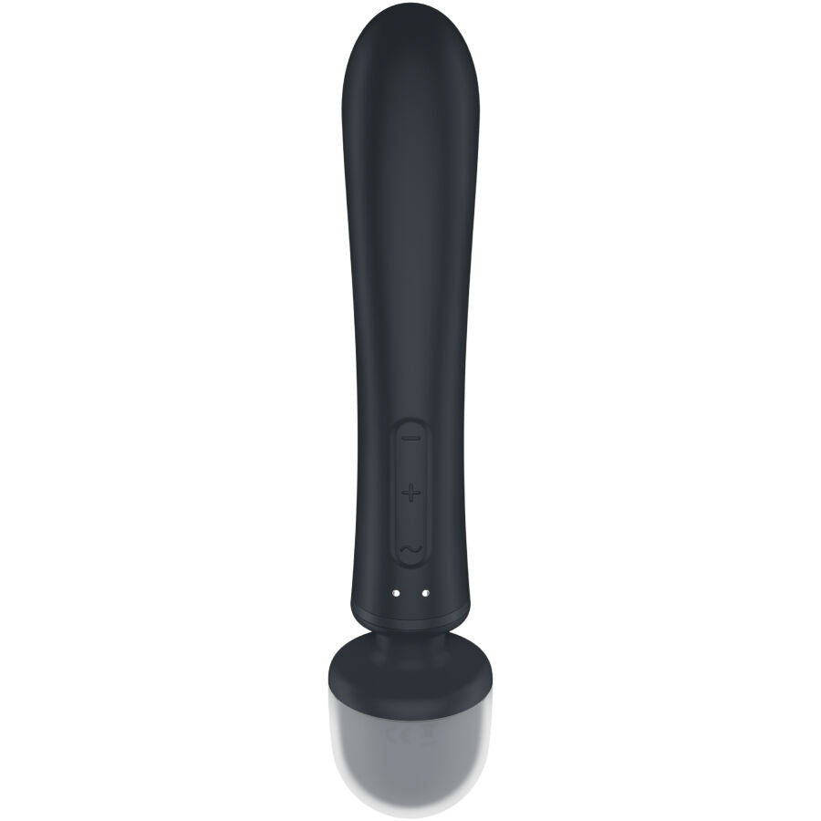 Vue de face du manche wand Satisfyer Triple Lover noir, tete ronde massante en silicone et embout gris, boutons plus et moins, vibrateur hybride.