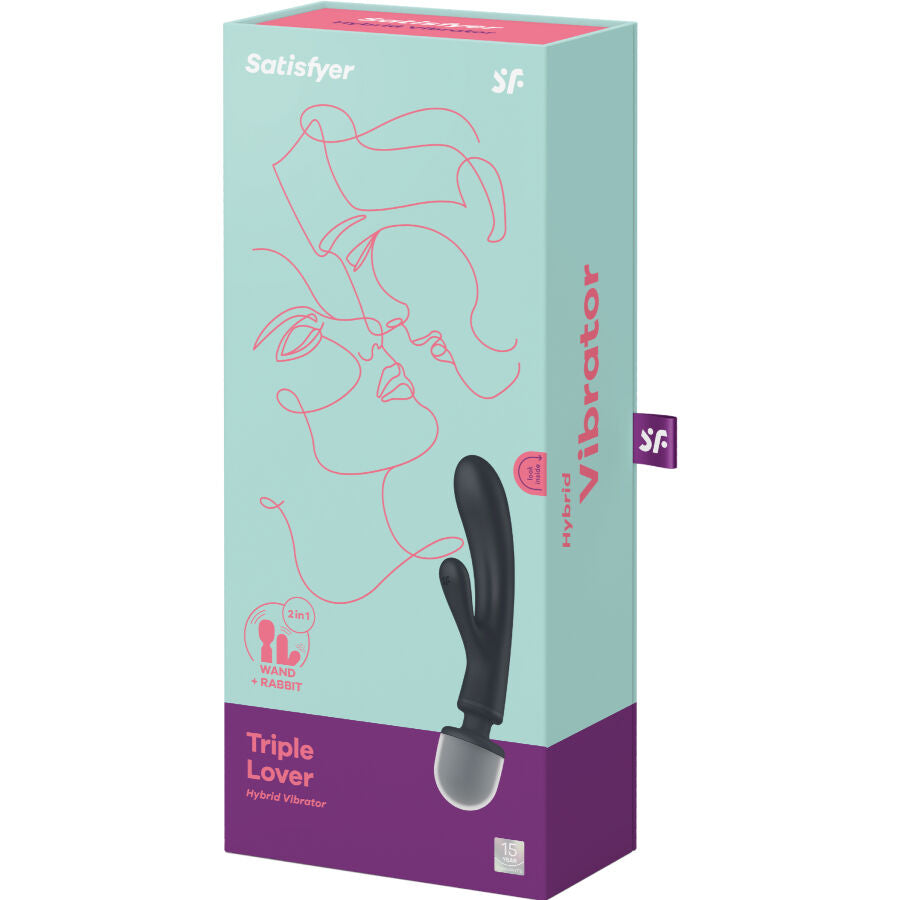 Boite Satisfyer Triple Lover turquoise, vibrateur hybride wand et rabbit noir en silicone, visuel produit et mentions vibrateur sur l'emballage carton.
