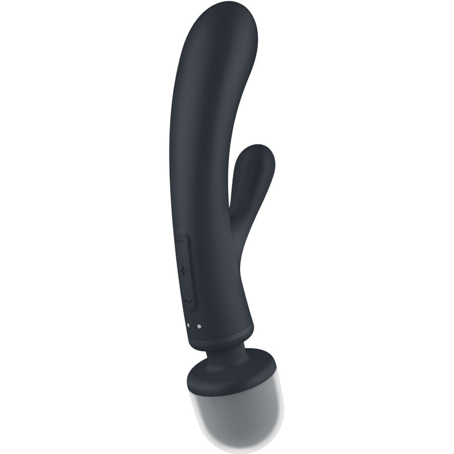 Vue de face du Satisfyer Triple Lover noir, tete wand grise et bras lateral en silicone avec boutons, vibrateur hybride wand et rabbit rechargeable.