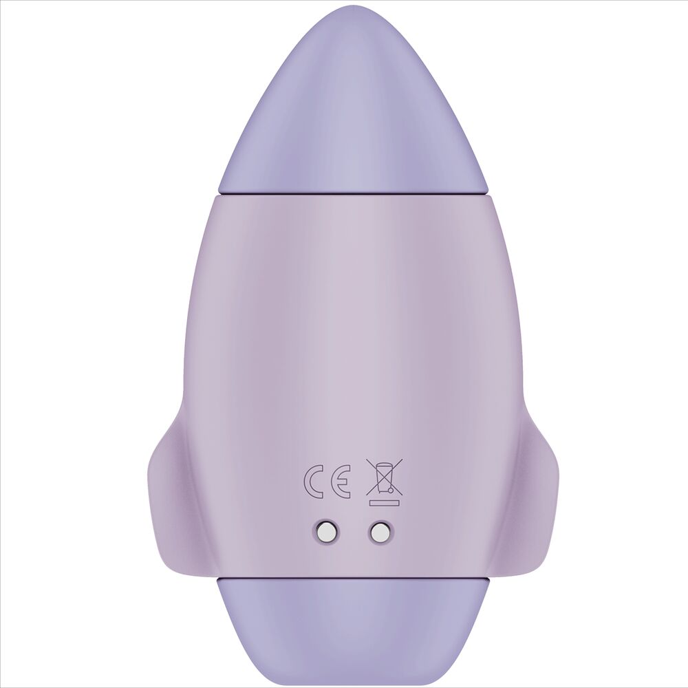 Vue arriere du Satisfyer Mission Control lilas fusee avec marquage CE et deux voyants, ailerons en silicone, double stimulation air pulse et vibration.