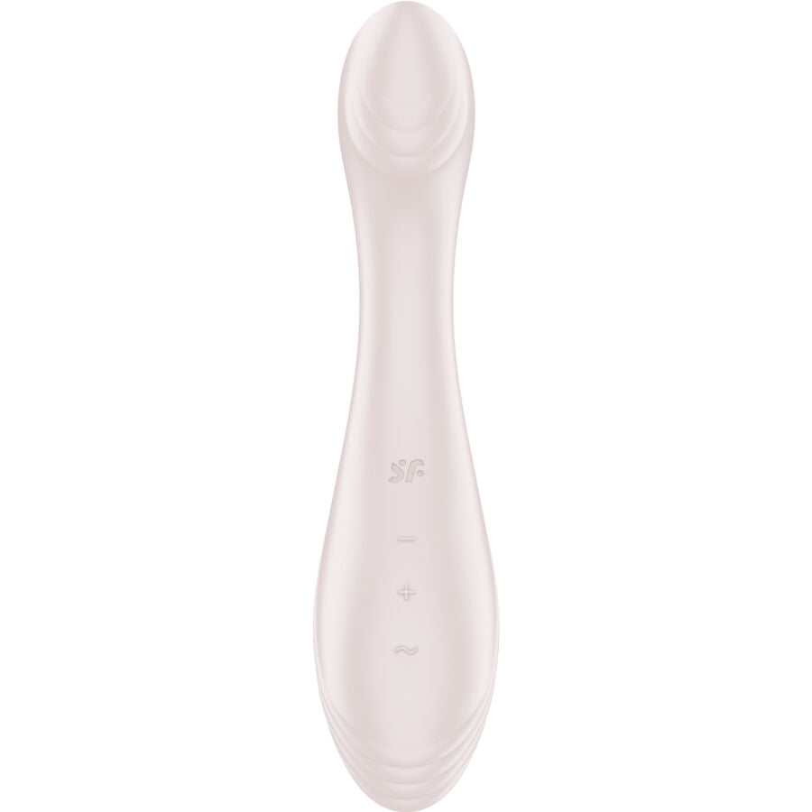 Vue de face du Satisfyer G-Force ivoire, tige fine en silicone avec boutons plus et moins et tete arrondie, vibrateur point G submersible rechargeable.