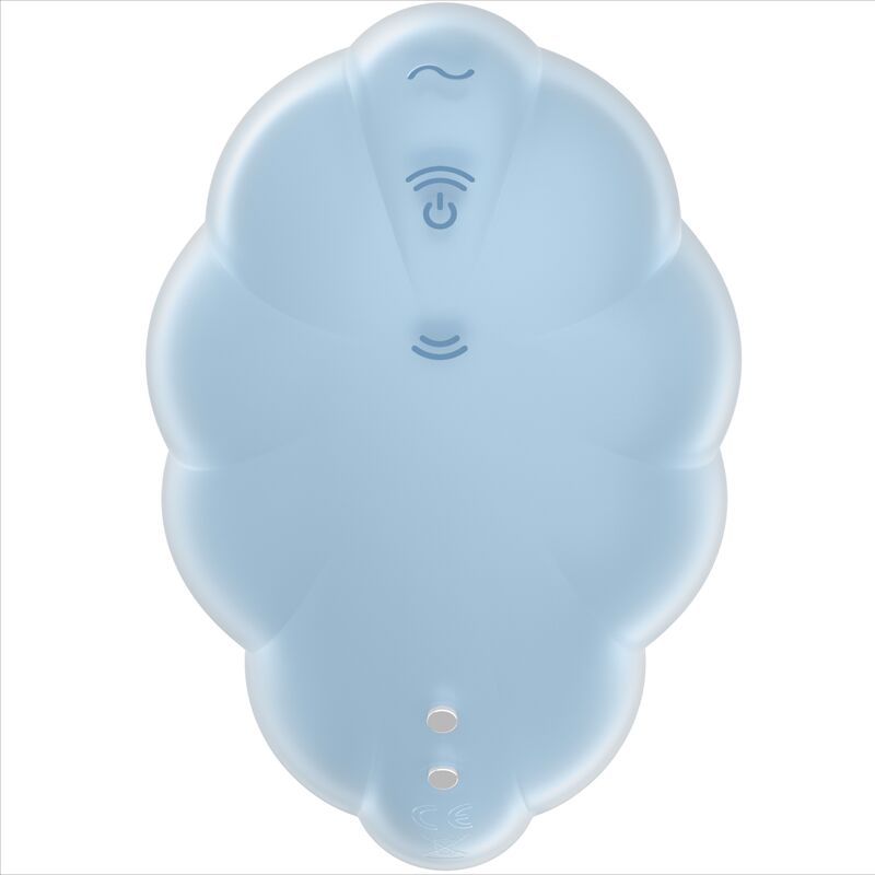 Satisfyer Cloud Dancer bleu glace avec touches vague et marche en silicone, forme coquillage cannelee, stimulateur clitoridien air pulse et vibration.
