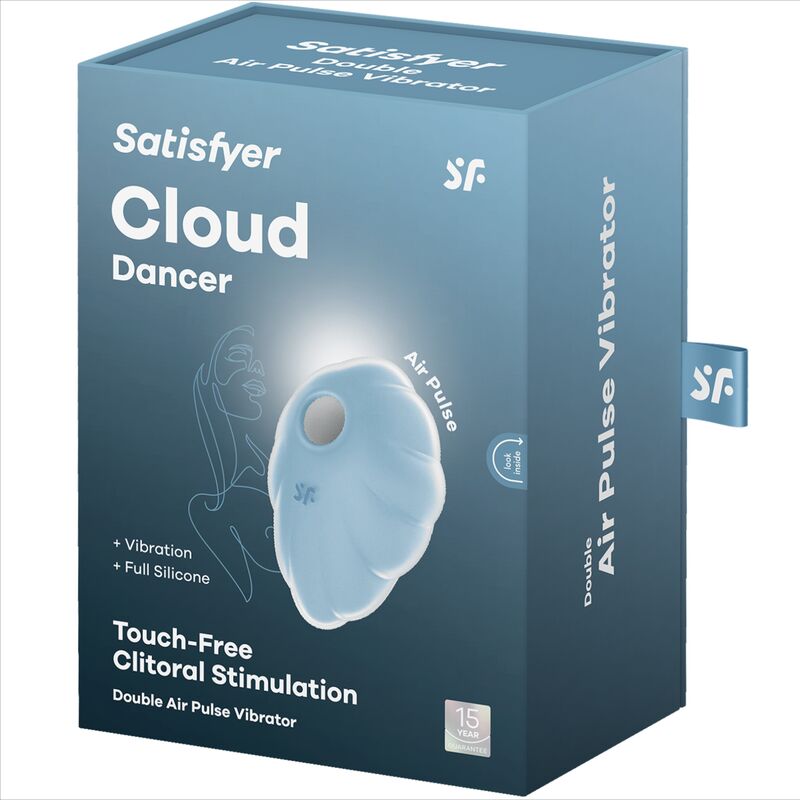Boite Satisfyer Cloud Dancer bleue, stimulateur air pulse en forme de coquillage, visuel produit et mention touch-free clitoral sur l'emballage carton.