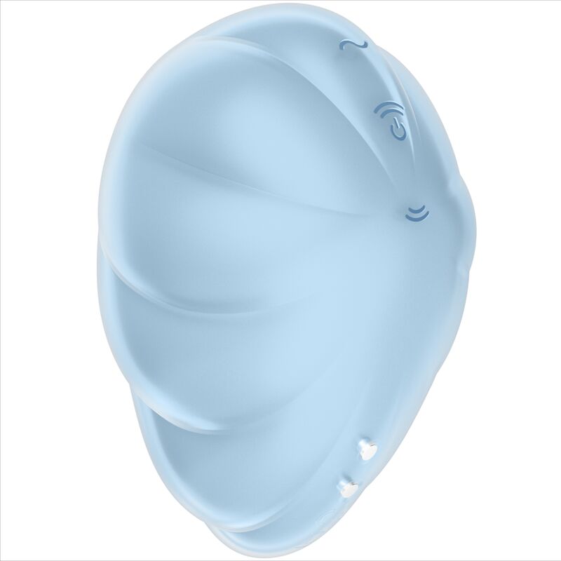 Profil du Satisfyer Cloud Dancer bleu glace, corps coquillage nervure en silicone et boutons lateraux, stimulation clitoridienne air pulse sans contact.