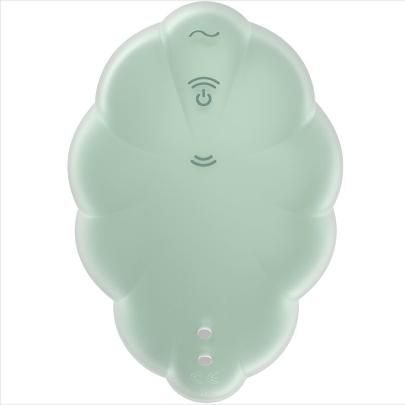 Satisfyer Cloud Dancer vert sauge avec touches vague et marche en silicone, forme coquillage cannelee, stimulateur clitoridien air pulse et vibration.