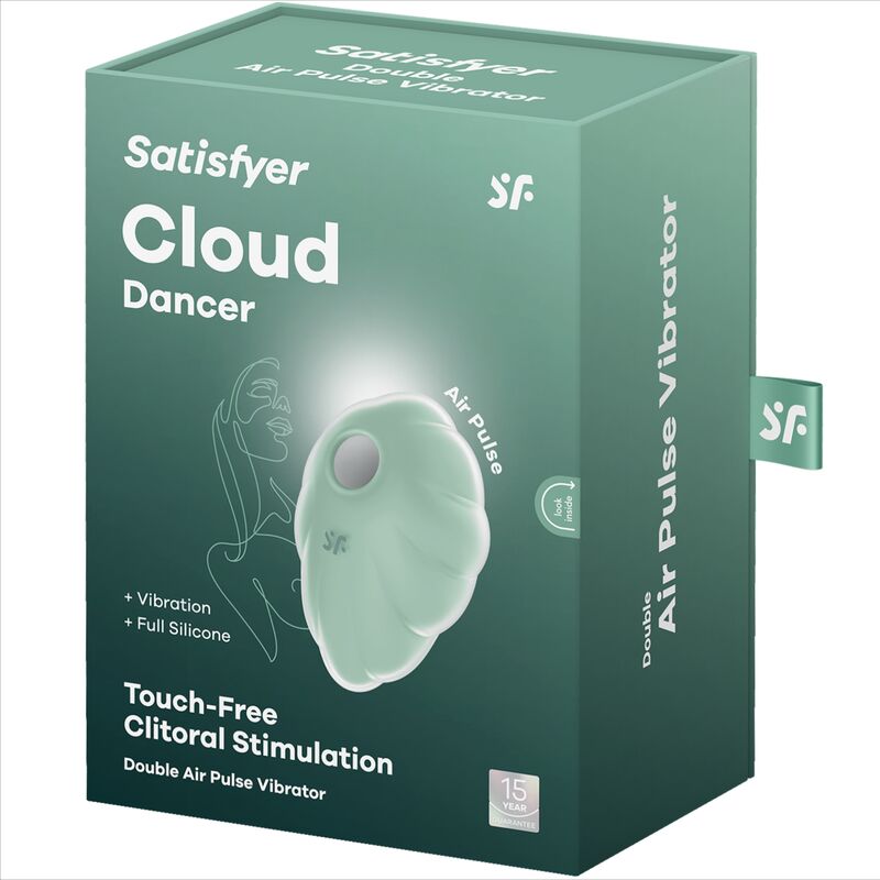 Boite Satisfyer Cloud Dancer vert sauge, stimulateur air pulse en forme de coquillage, visuel produit et mention touch-free clitoral sur l'emballage.