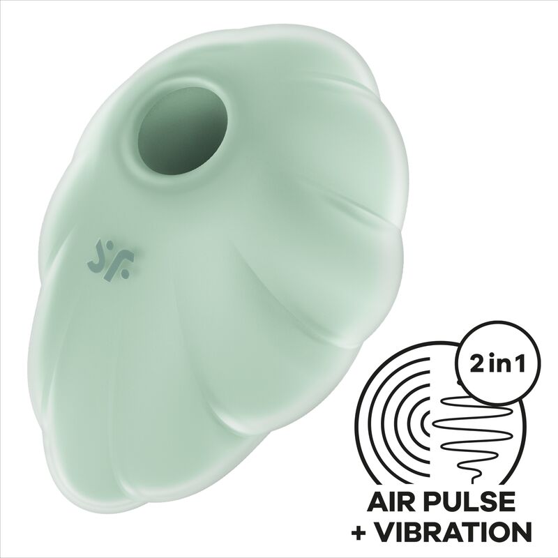 Stimulateur clitoridien Satisfyer Cloud Dancer vert sauge en forme de coquillage, embout d'aspiration air pulse, silicone, stimulation sans contact.
