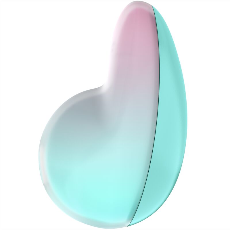 Profil du Satisfyer Pixie Dust degrade menthe et rose, corps galet arrondi en silicone, stimulateur clitoridien air pulse et vibration format nomade.