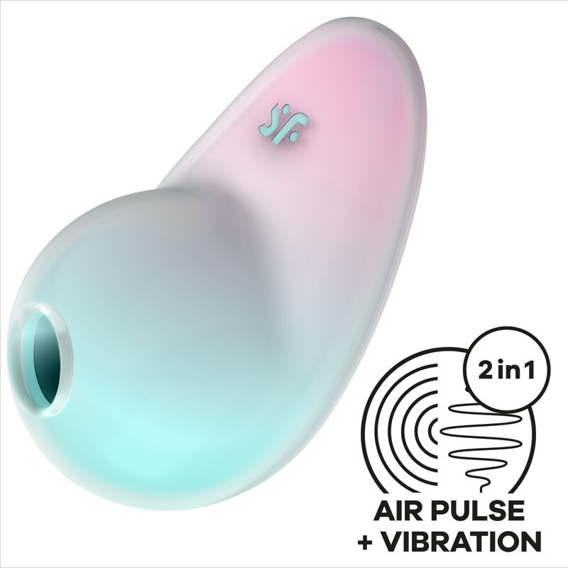 Satisfyer Pixie Dust degrade menthe en vue trois-quarts avec pictogramme 2 en 1 air pulse plus vibration, embout d'aspiration en silicone, clitoris.