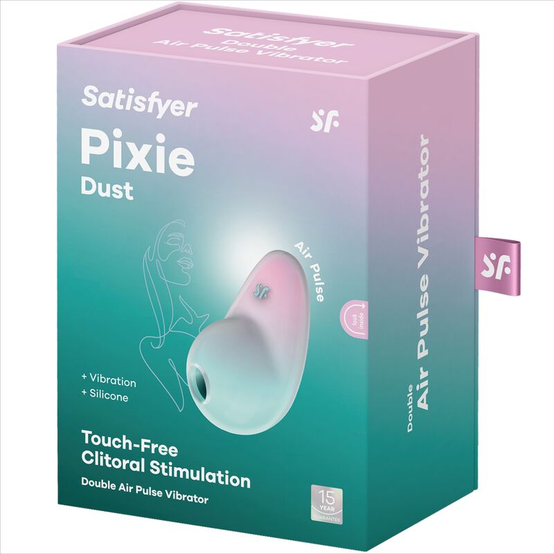 Boite Satisfyer Pixie Dust degrade rose et menthe, stimulateur air pulse galet, visuel produit et mention touch-free clitoral sur l'emballage carton.