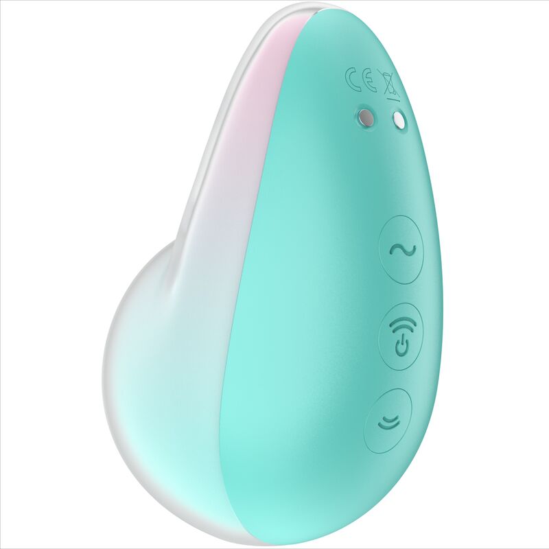 Satisfyer Pixie Dust menthe avec touches vague marche et chaleur en silicone, galet ergonomique, stimulateur clitoridien air pulse touch-free.