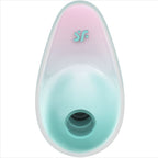 Vue de face du Satisfyer Pixie Dust degrade menthe et rose, embout d'aspiration clitoridien en silicone, logo SF, air pulse touch-free sans contact.