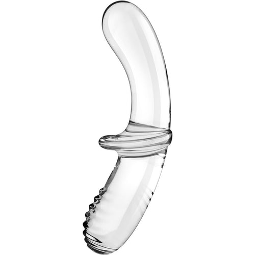 Gode double en verre borosilicate transparent, face courbée lisse et zone striée, posé de profil. Jeu chaud-froid, longueur 23 cm signée Satisfyer.