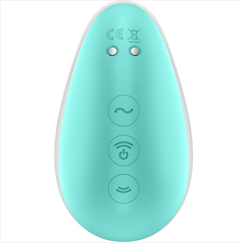 Vue arriere du Satisfyer Pixie Dust menthe avec marquage CE, voyants et commandes, galet en silicone, double air pulse et vibration sans contact.