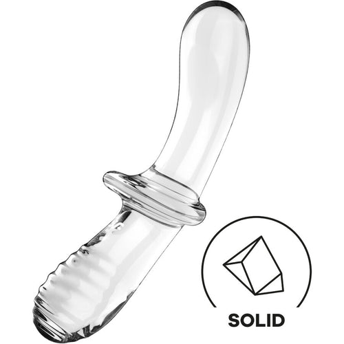 Gode en verre transparent Satisfyer a tige courbée et texturee avec collerette, pictogramme solid, accessoire en verre lisse pour stimulation interne.