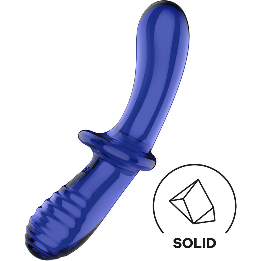 Gode double cristal en verre bleu incliné, face striée et face lisse séparées par un anneau. Pictogramme Solid soulignant le verre borosilicate massif.