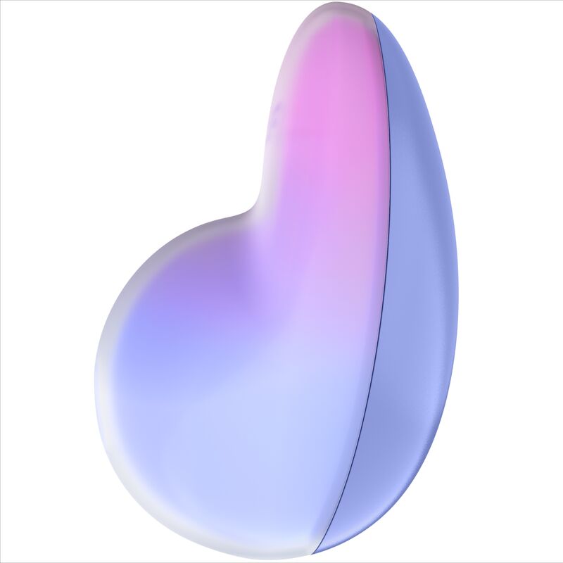 Profil du Satisfyer Pixie Dust degrade rose lilas, corps galet arrondi en silicone, stimulateur clitoridien air pulse touch-free format nomade.