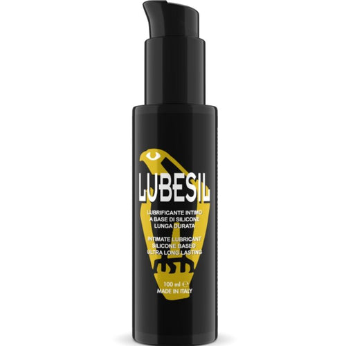Flacon pompe Lubesil 100 ml vu de face, lubrifiant intime base silicone ultra longue duree, design noir et or, glisse durable inodore et non tachante.
