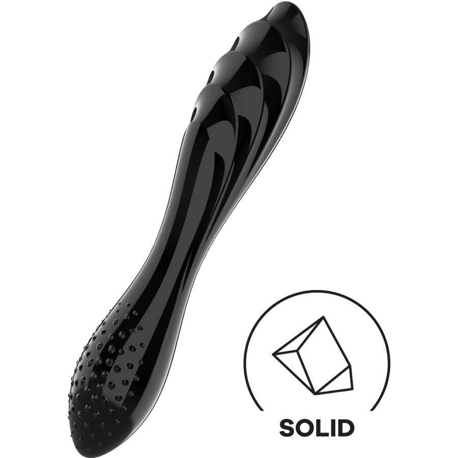 Gode en verre borosilicate noir incliné, spirale en relief et embout pointillé granuleux. Pictogramme Solid, verre massif Satisfyer Dazzling Crystal 1.