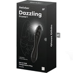 Boîte noire Satisfyer Dazzling Crystal 1 Glass Dildo, visuel du gode verre torsadé et mention Hot & Cold Temperature Play. Emballage 15,5 cm.