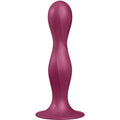 Gode en silicone prune Double Ball-R à corps perlé ondulé et large ventouse plate. Deux balles lestées internes, usage mains libres Satisfyer, 17,5 cm.