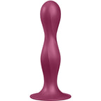 Gode en silicone prune Double Ball-R à corps perlé ondulé et large ventouse plate. Deux balles lestées internes, usage mains libres Satisfyer, 17,5 cm.