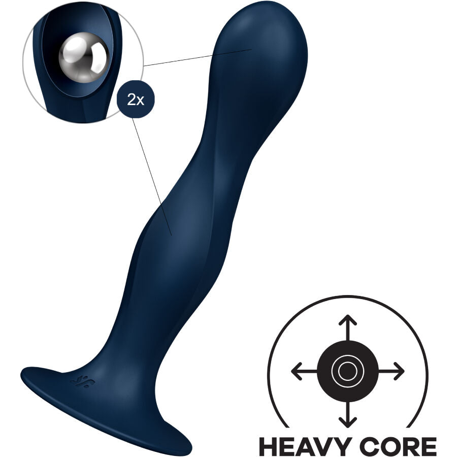 Gode silicone bleu nuit Double Ball-R penché sur sa ventouse, tige sinueuse galbée. Pictogramme Heavy Core, dildo lesté Satisfyer pour usage mains libres.