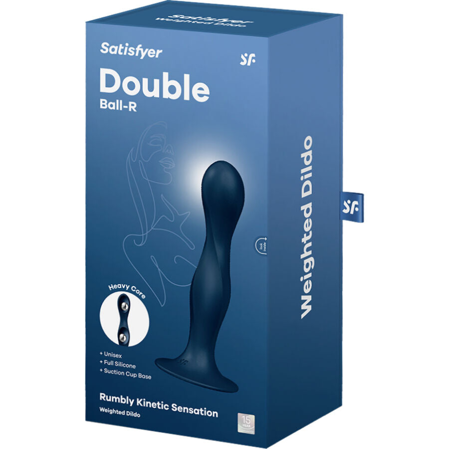 Boîte bleue Satisfyer Double Ball-R Weighted Dildo, visuel du gode silicone bleu et mention Rumbly Kinetic Sensation. Emballage variante coloris bleu.