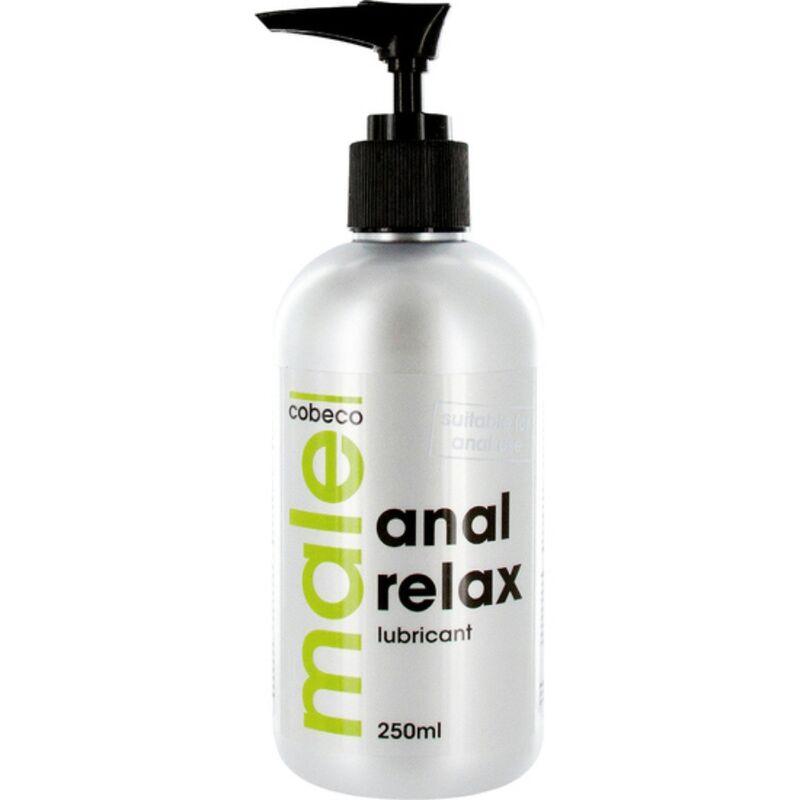 Flacon argente Male Anal Relax lubricant 250 ml avec pompe doseuse, lubrifiant anal relaxant base eau qui apaise localement compatible preservatifs