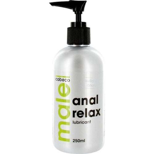 Flacon argente Male Anal Relax lubricant 250 ml avec pompe doseuse, lubrifiant anal relaxant base eau qui apaise localement compatible preservatifs