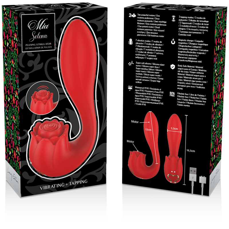 Emballage recto-verso du stimulateur Selena vibrating and tapping, illustrant le sextoy rouge a double moteur avec descriptifs multilingues et cable, gamme double plaisir Mia.