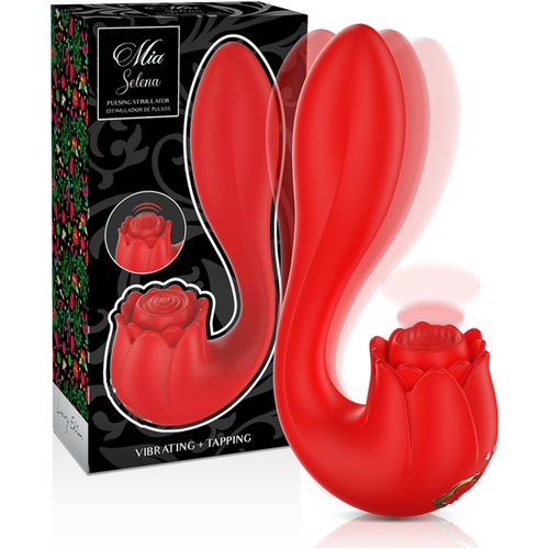 Stimulateur Selena double moteur en silicone rouge avec sa boite, tige courbee de stimulation interne et tete rose d'aspiration clitoridienne, gamme vibrating and tapping.