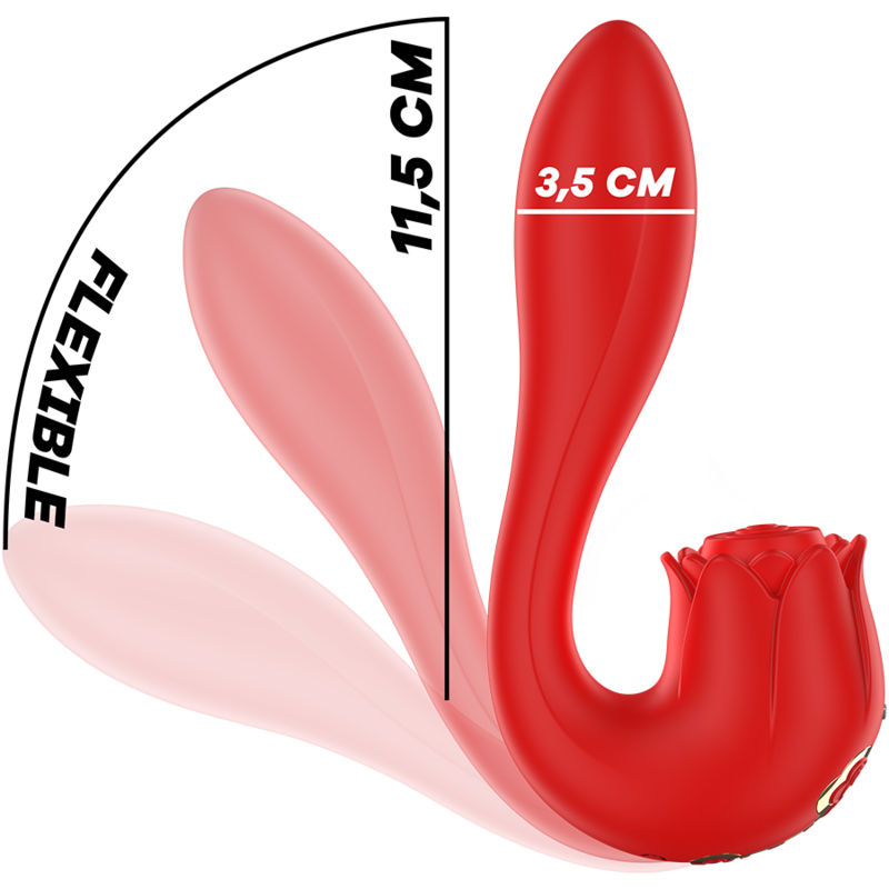 Schema technique du vibromasseur Selena rouge precisant la tige flexible de 11,5 cm et le diametre de 3,5 cm, embout fleur en silicone souple.