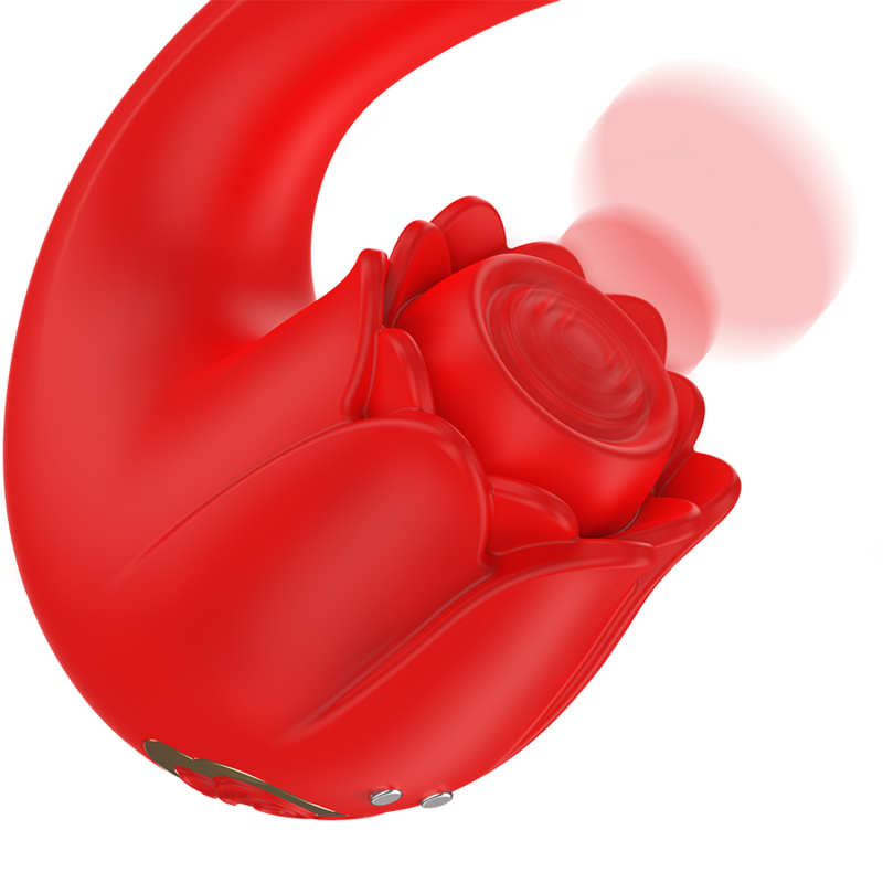 Stimulateur vibrant Selena rouge en silicone, double moteur, vue de trois quarts montrant la tete fleur et le bras arrondi flou en pleine vibration.