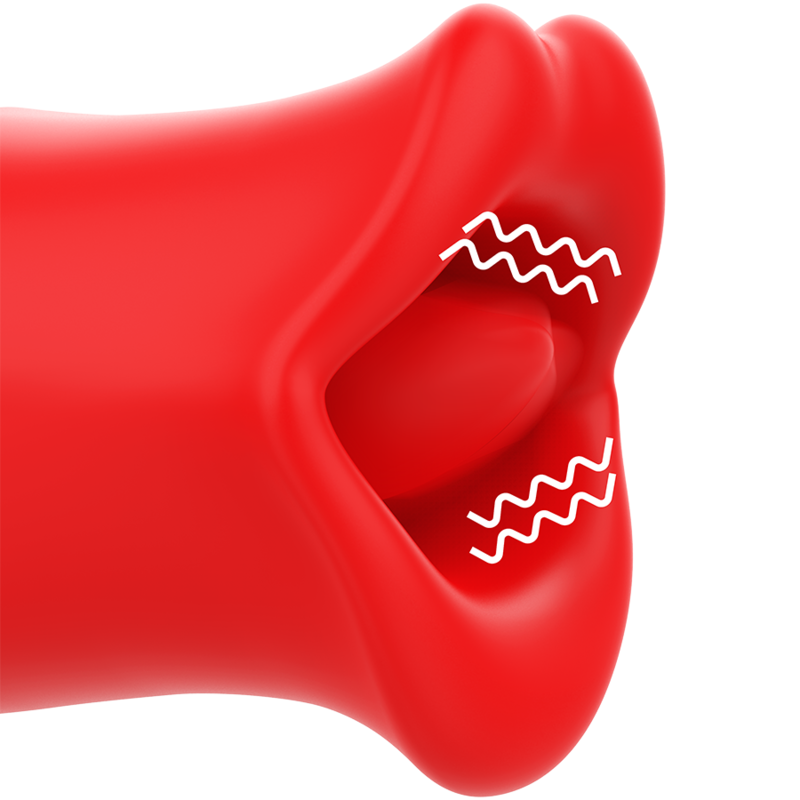 Gros plan de la tete bouche en silicone rouge du Siena, traits ondules figurant les vibrations sur la langue souple, stimulation clitoridienne enveloppante.