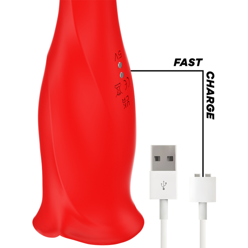Embout bouche rouge du stimulateur Siena pose pres d'un cable USB illustrant la charge rapide, silicone soyeux et finition rouge mate elegante.