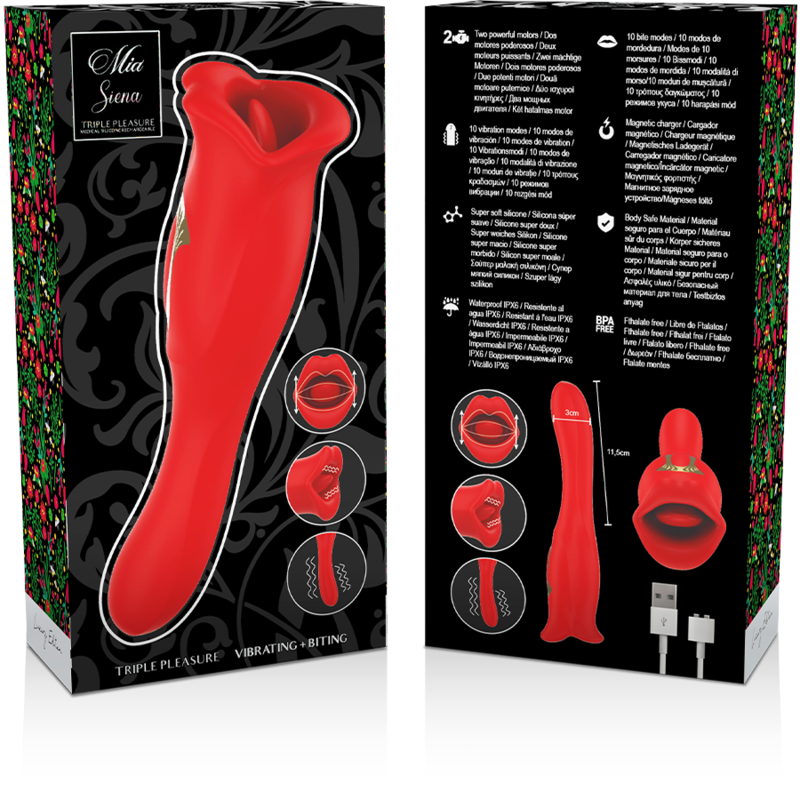 Coffret noir floral du stimulateur Siena montrant le toy rouge en silicone et ses fonctions, embout bouche a langue souple pour stimulation clitoridienne.