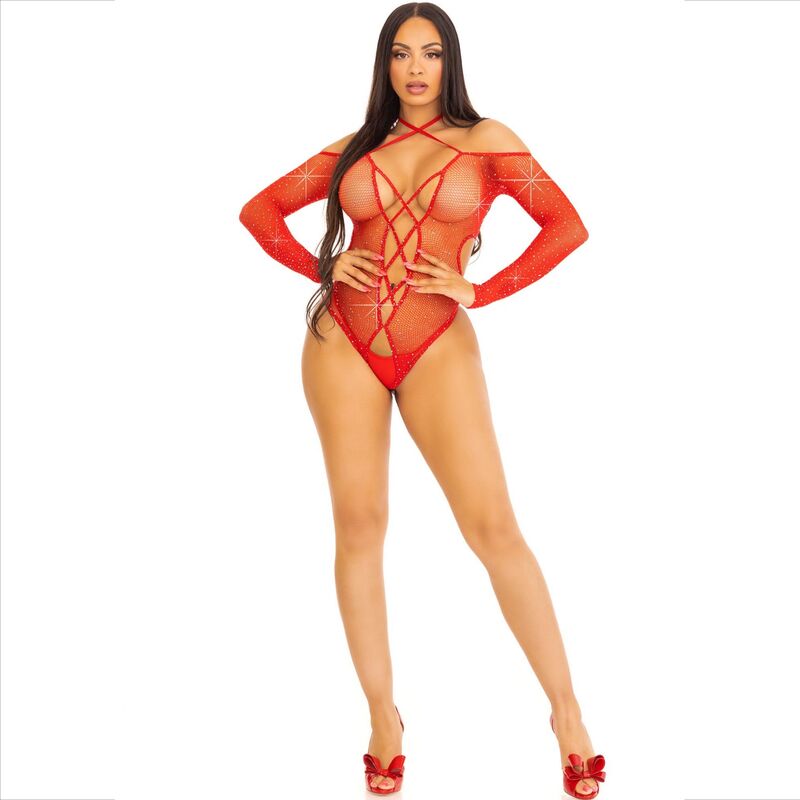 Body résille ouvert entrejambe strass rouge — détail texture surface