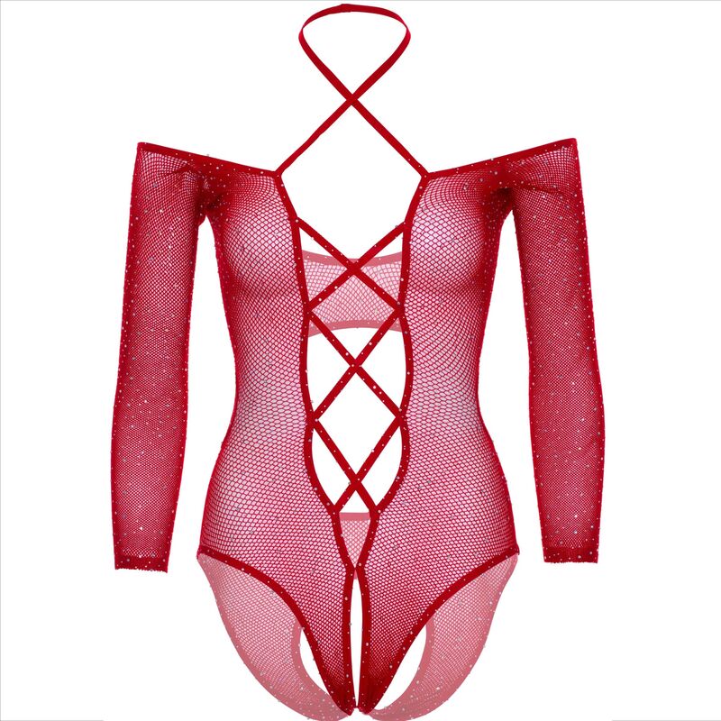 Body resille rouge a strass et laçage devant presente a plat, manches longues et entrejambe ouvert, maille scintillante, lingerie de seduction Leg Avenue