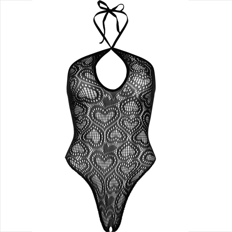 Body teddy en dentelle noire a motif coeurs presente a plat, decollete croise et attache halter au cou, lingerie ajouree Leg Avenue.