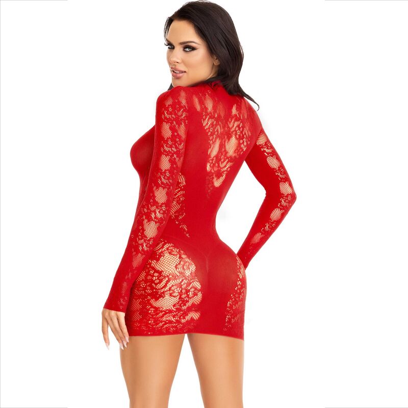 Mini-robe Leg Avenue dentelle manches longues avec transparence Rouge Taille unique