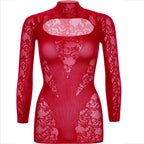 Mini-robe Leg Avenue dentelle manches longues avec transparence Rouge Taille unique